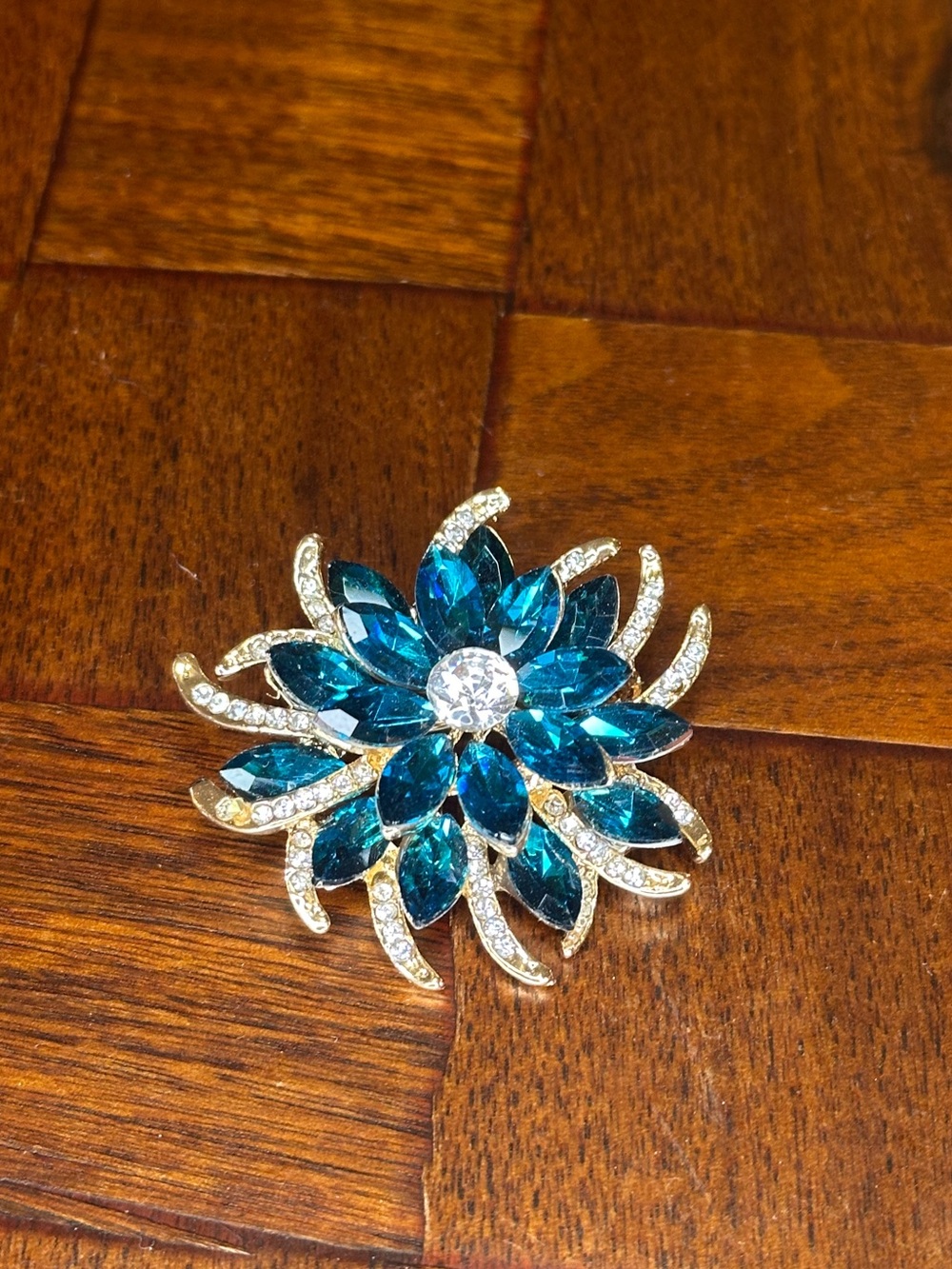 Sparkling Teal Floral Crystal Brooch Pin
